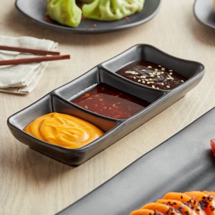 GET SD-7600-BK Nara 5.5 oz. 3-Compartment Black Matte Rectangular Melamine Sauce Dish - 24/Case GET SD-7600-BK Nara 5.5 oz. 3-Compartment Black Matte Rectangular Melamine Sauce Dish - 24/Case