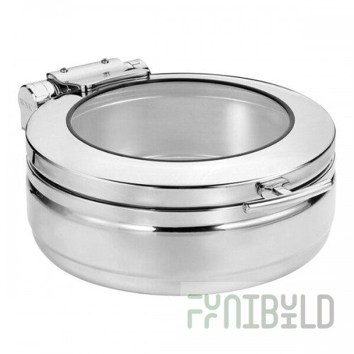 WNK from Steelite International Diva 5.5 Qt. 2/3 Size Round Stainless Steel Induction Chafer with Hinged, Soft-Close Glass Lid 5370S554