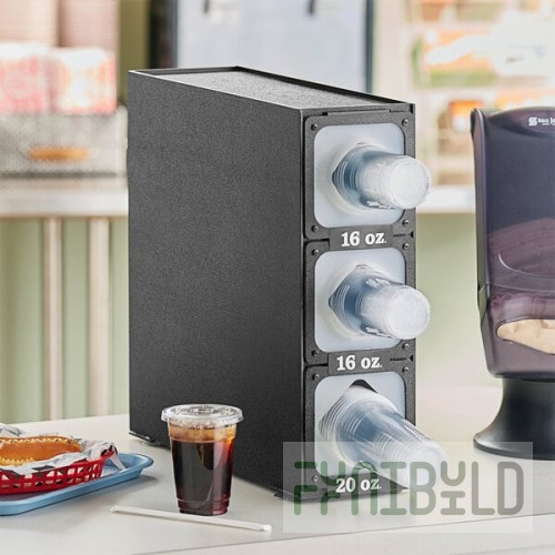 KleanTake by ServSense Black Countertop Slim Cup Dispenser Cabinet with 6 Fast-Changing Gaskets - 3 Slot