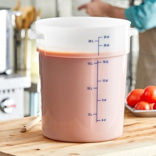 Carlisle 22 Qt. White Round Polyethylene Food Storage Container with Blue Graduations Carlisle 22 Qt. White Round Polyethylene Food Storage Container with Blue Graduations