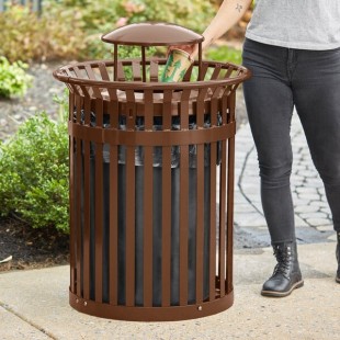 Lancaster Table & Seating 36 Gallon Heavy-Duty Round Brown Steel Slatted Outdoor Trash Can with Rain Bonnet Lid Lancaster Table & Seating 36 Gallon Heavy-Duty Round Brown Steel Slatted Outdoor Trash Can with Rain Bonnet Lid