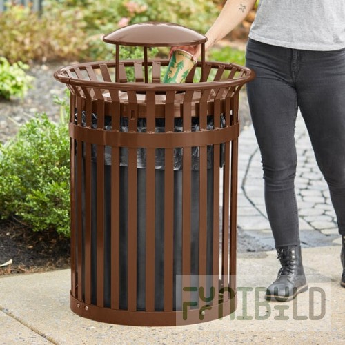 Lancaster Table & Seating 36 Gallon Heavy-Duty Round Brown Steel Slatted Outdoor Trash Can with Rain Bonnet Lid