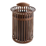 Lancaster Table & Seating 36 Gallon Heavy-Duty Round Brown Steel Slatted Outdoor Trash Can with Rain Bonnet Lid Lancaster Table & Seating 36 Gallon Heavy-Duty Round Brown Steel Slatted Outdoor Trash Can with Rain Bonnet Lid