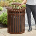 Lancaster Table & Seating 36 Gallon Heavy-Duty Round Brown Steel Slatted Outdoor Trash Can with Rain Bonnet Lid Lancaster Table & Seating 36 Gallon Heavy-Duty Round Brown Steel Slatted Outdoor Trash Can with Rain Bonnet Lid