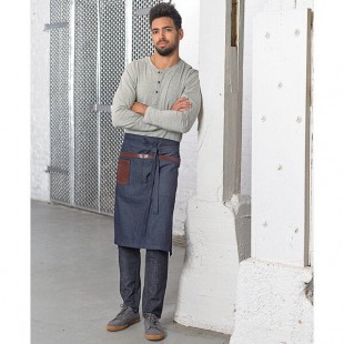 Mercer Culinary M63204DEN Metro Edge Wyatt Indigo Draper Denim Bistro Apron with Brown Leather Details, Towel Holder, and 3 Pockets - 25 1/2