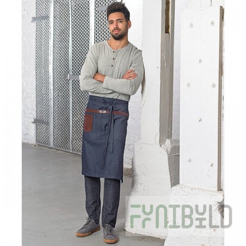 Mercer Culinary M63204DEN Metro Edge Wyatt Indigo Draper Denim Bistro Apron with Brown Leather Details, Towel Holder, and 3 Pockets - 25 1/2
