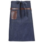 Mercer Culinary M63204DEN Metro Edge Wyatt Indigo Draper Denim Bistro Apron with Brown Leather Details, Towel Holder, and 3 Pockets - 25 1/2 Mercer Culinary M63204DEN Metro Edge Wyatt Indigo Draper Denim Bistro Apron with Brown Leather Details, Towel Holder, and 3 Pockets - 25 1/2