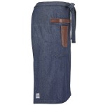 Mercer Culinary M63204DEN Metro Edge Wyatt Indigo Draper Denim Bistro Apron with Brown Leather Details, Towel Holder, and 3 Pockets - 25 1/2 Mercer Culinary M63204DEN Metro Edge Wyatt Indigo Draper Denim Bistro Apron with Brown Leather Details, Towel Holder, and 3 Pockets - 25 1/2