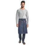 Mercer Culinary M63204DEN Metro Edge Wyatt Indigo Draper Denim Bistro Apron with Brown Leather Details, Towel Holder, and 3 Pockets - 25 1/2 Mercer Culinary M63204DEN Metro Edge Wyatt Indigo Draper Denim Bistro Apron with Brown Leather Details, Towel Holder, and 3 Pockets - 25 1/2