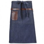 Mercer Culinary M63204DEN Metro Edge Wyatt Indigo Draper Denim Bistro Apron with Brown Leather Details, Towel Holder, and 3 Pockets - 25 1/2 Mercer Culinary M63204DEN Metro Edge Wyatt Indigo Draper Denim Bistro Apron with Brown Leather Details, Towel Holder, and 3 Pockets - 25 1/2