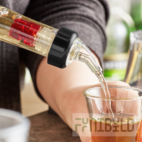 TableCraft 1 oz. Clear Spout / Red Tail Measured Liquor Pourer with Collar 4246A - 12/Pack