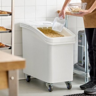 Baker's Lane 27 Gallon / 430 Cup White Slant Top Mobile Ingredient Storage Bin with Sliding Lid & Scoop