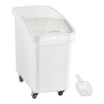 Baker's Lane 27 Gallon / 430 Cup White Slant Top Mobile Ingredient Storage Bin with Sliding Lid & Scoop Baker's Lane 27 Gallon / 430 Cup White Slant Top Mobile Ingredient Storage Bin with Sliding Lid & Scoop