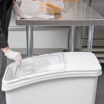 Baker's Lane 27 Gallon / 430 Cup White Slant Top Mobile Ingredient Storage Bin with Sliding Lid & Scoop Baker's Lane 27 Gallon / 430 Cup White Slant Top Mobile Ingredient Storage Bin with Sliding Lid & Scoop