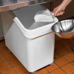 Baker's Lane 27 Gallon / 430 Cup White Slant Top Mobile Ingredient Storage Bin with Sliding Lid & Scoop Baker's Lane 27 Gallon / 430 Cup White Slant Top Mobile Ingredient Storage Bin with Sliding Lid & Scoop