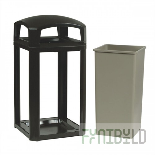 Rubbermaid® FG397500BLA Landmark Series Classic Container Black Square Polycarbonate Dome Top Frame with FG395900 Rigid Plastic Liner 50 Gallon