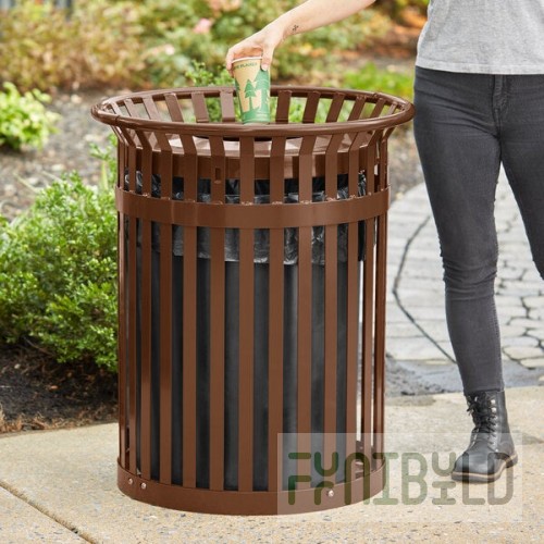 Lancaster Table & Seating 36 Gallon Heavy-Duty Round Brown Steel Slatted Outdoor Trash Can with Flat Lid