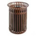 Lancaster Table & Seating 36 Gallon Heavy-Duty Round Brown Steel Slatted Outdoor Trash Can with Flat Lid