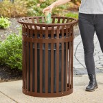 Lancaster Table & Seating 36 Gallon Heavy-Duty Round Brown Steel Slatted Outdoor Trash Can with Flat Lid