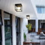 Globe Modern Matte Black Outdoor Flush Mount Light with Cubed Metal Cage and Glass Panes - 120V, 60W