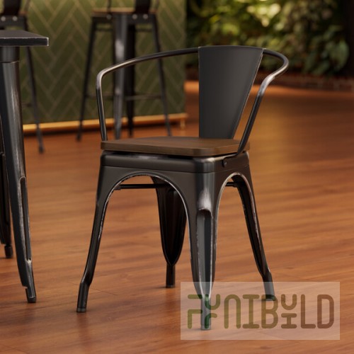 Lancaster Table & Seating Alloy Distressed Onyx Black Indoor Arm Chair with Walnut Wood Seat