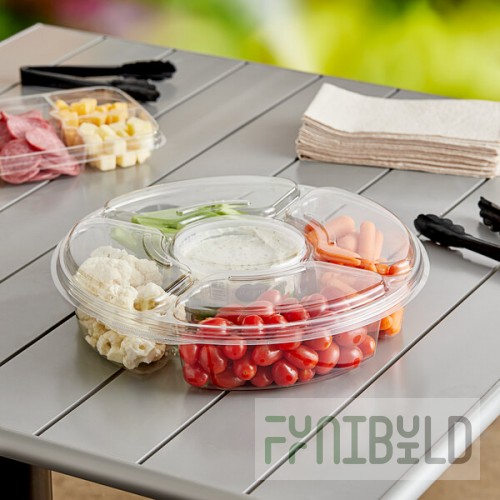 Inline Plastics Essentials 115 oz. Clear PET Plastic 5-Compartment Round Platter with Lid - 50/Case