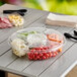 Inline Plastics Essentials 115 oz. Clear PET Plastic 5-Compartment Round Platter with Lid - 50/Case Inline Plastics Essentials 115 oz. Clear PET Plastic 5-Compartment Round Platter with Lid - 50/Case