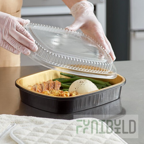 Choice Heavy Duty Smoothwall Black and Gold Large Oblong Foil Entree / Take-Out Pan with Dome Lid 65.6 oz. - 10/Pack