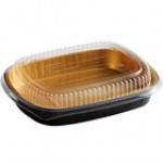 Choice Heavy Duty Smoothwall Black and Gold Large Oblong Foil Entree / Take-Out Pan with Dome Lid 65.6 oz. - 10/Pack