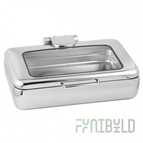 Eastern Tabletop 3995G Jazz Rock 8 Qt. Stainless Steel Rectangular Induction Chafer with Hinged Glass Dome Cover