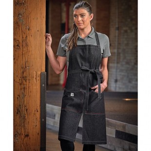 Mercer Culinary M63203BKD Metro Edge Zephyr Black Cotton Denim Bib Apron with Adjustable Neck, Split Front, and 2 Pockets - 34