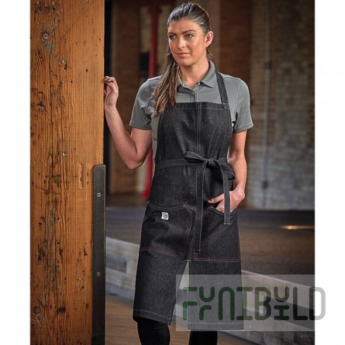 Mercer Culinary M63203BKD Metro Edge Zephyr Black Cotton Denim Bib Apron with Adjustable Neck, Split Front, and 2 Pockets - 34