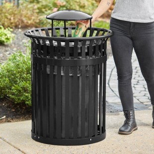 Lancaster Table & Seating 36 Gallon Heavy-Duty Round Black Steel Slatted Outdoor Trash Can with Rain Bonnet Lid Lancaster Table & Seating 36 Gallon Heavy-Duty Round Black Steel Slatted Outdoor Trash Can with Rain Bonnet Lid
