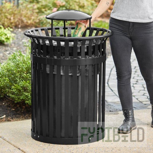 Lancaster Table & Seating 36 Gallon Heavy-Duty Round Black Steel Slatted Outdoor Trash Can with Rain Bonnet Lid