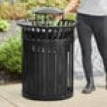 Lancaster Table & Seating 36 Gallon Heavy-Duty Round Black Steel Slatted Outdoor Trash Can with Rain Bonnet Lid