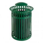 Lancaster Table & Seating 36 Gallon Heavy-Duty Round Black Steel Slatted Outdoor Trash Can with Rain Bonnet Lid