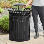 Lancaster Table & Seating 36 Gallon Heavy-Duty Round Black Steel Slatted Outdoor Trash Can with Rain Bonnet Lid