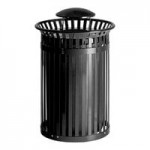 Lancaster Table & Seating 36 Gallon Heavy-Duty Round Black Steel Slatted Outdoor Trash Can with Rain Bonnet Lid