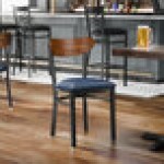 Lancaster Table & Seating Boomerang Black Finish Chair with Navy Vinyl Seat and Vintage Wood Back - Unassembled