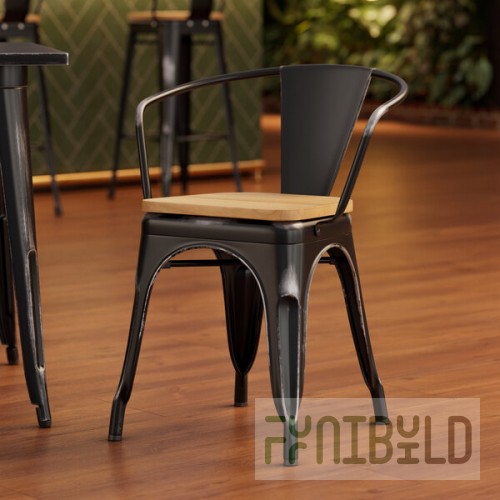 Lancaster Table & Seating Alloy Distressed Onyx Black Indoor Arm Chair with Natural Wood Seat