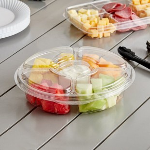 Inline Plastics Essentials 54 oz. Clear PET Plastic 5-Compartment Round Platter with Lid - 100/Case
