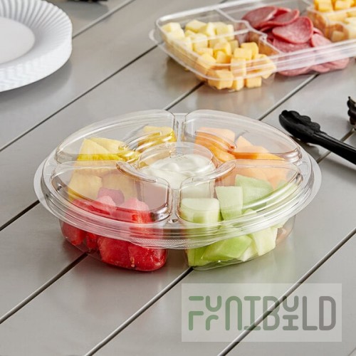Inline Plastics Essentials 54 oz. Clear PET Plastic 5-Compartment Round Platter with Lid - 100/Case