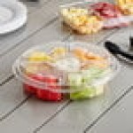 Inline Plastics Essentials 54 oz. Clear PET Plastic 5-Compartment Round Platter with Lid - 100/Case Inline Plastics Essentials 54 oz. Clear PET Plastic 5-Compartment Round Platter with Lid - 100/Case