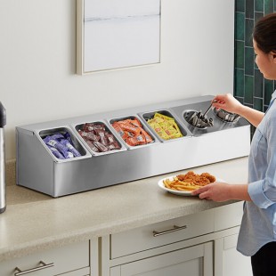 ServSense Large Stainless Steel Hotel Pan Organizer Set with (4) 1/6 Size Pans and (2) Flatware Cylinders