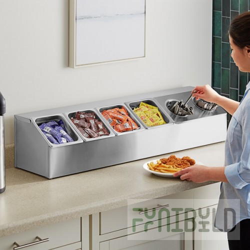 ServSense Large Stainless Steel Hotel Pan Organizer Set with (4) 1/6 Size Pans and (2) Flatware Cylinders