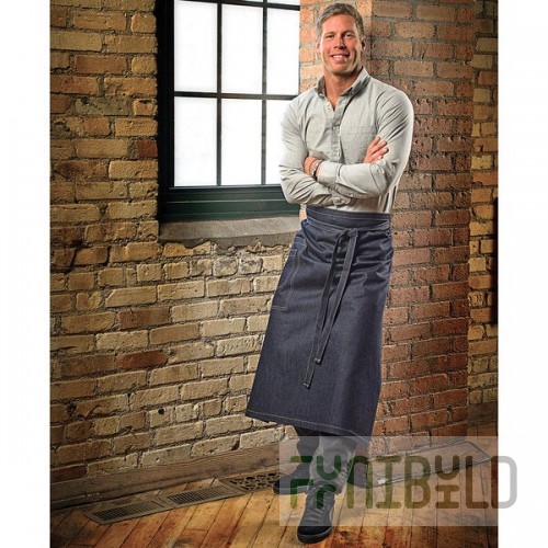 Mercer Culinary M63201DEN Metro Edge Talon Indigo Cotton Vintage Draper Denim Bistro Apron with 2 Pockets - 32 1/4