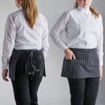 Choice Black and White Pinstripe Poly-Cotton Half Bistro Apron with 2 Pockets - 18