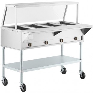 ServIt Four Pan Open Well Electric Steam Table with Angled Sneeze Guard and Casters - 208/240V, 3000W ServIt Four Pan Open Well Electric Steam Table with Angled Sneeze Guard and Casters - 208/240V, 3000W