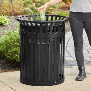 Lancaster Table & Seating 36 Gallon Heavy-Duty Round Black Steel Slatted Outdoor Trash Can with Flat Lid Lancaster Table & Seating 36 Gallon Heavy-Duty Round Black Steel Slatted Outdoor Trash Can with Flat Lid
