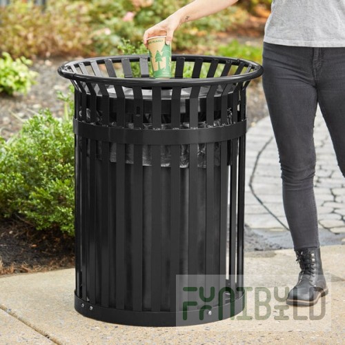 Lancaster Table & Seating 36 Gallon Heavy-Duty Round Black Steel Slatted Outdoor Trash Can with Flat Lid